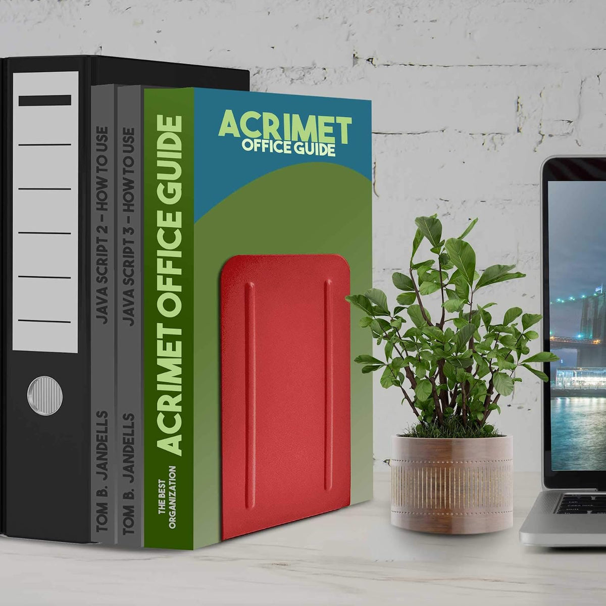 Acrimet Bookends for Shelves, Non-Skid Book Holder, Heavy Duty Book Stopper, Steel Metal Book Ends Storage for Home, Library, 6 7/8" H x 4" W x 4 1/2" D (Red) (1 Pair / 2 Pieces)