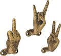 Zeckos Set of 3 Hand Gesture Wall Hooks, Gold Cast Iron Peace Set, 4 Inch