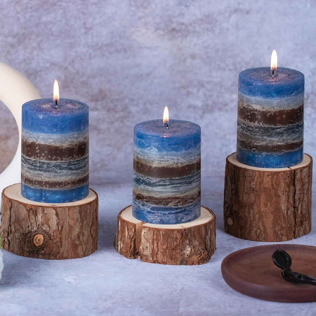 KONNI Layered Pillar Candles Set of 3, 3"x 4" Table Decor Blue Coffee