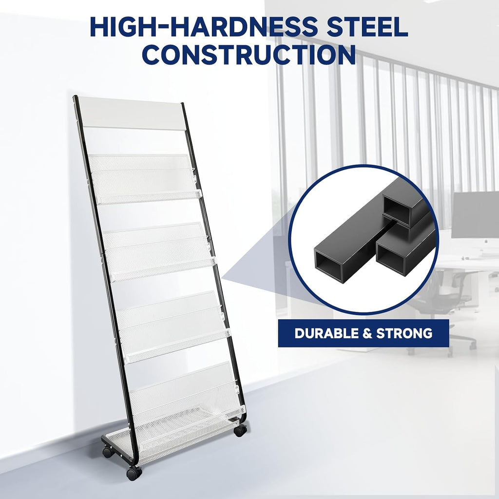4-Tier Floor-Standing Magazine Rack with Wheels – Perfect Brochure Display Stand for Exhibitions, Offices, and Information Hubs (Black-White)