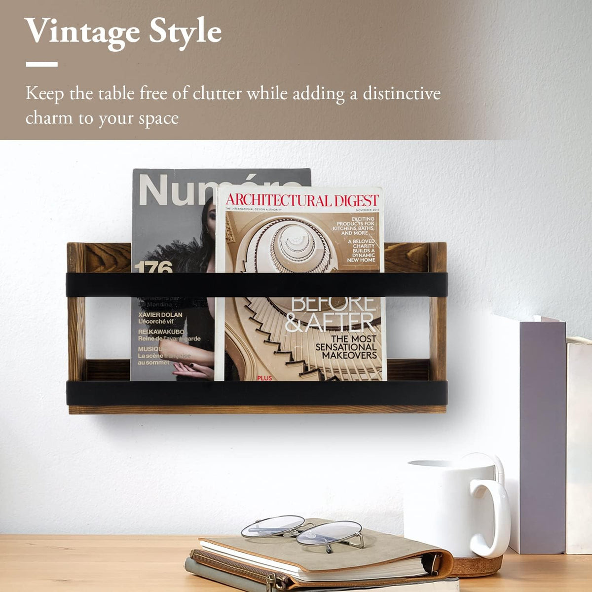 MyGift Magazine Rack, Burnt Wood & Black Metal, Wall-Mounted Display