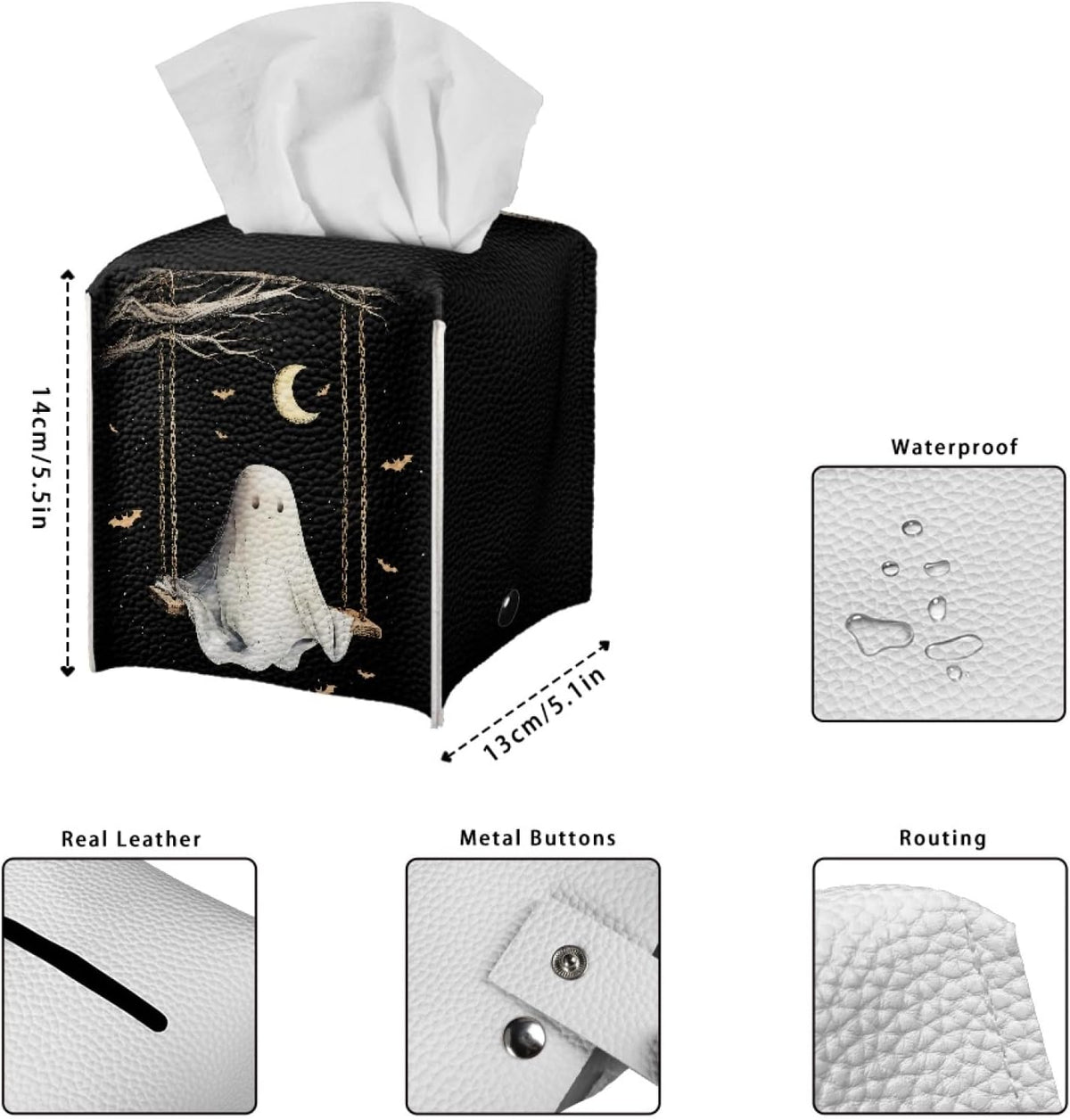 Cute Ghost Tissue Box Holder Square PU Leather Tissues Cube Box Cover Modern Decorative Halloween Decor Facial Napkin Holder Case for Car Kitchen Bedroom Bathroom Black