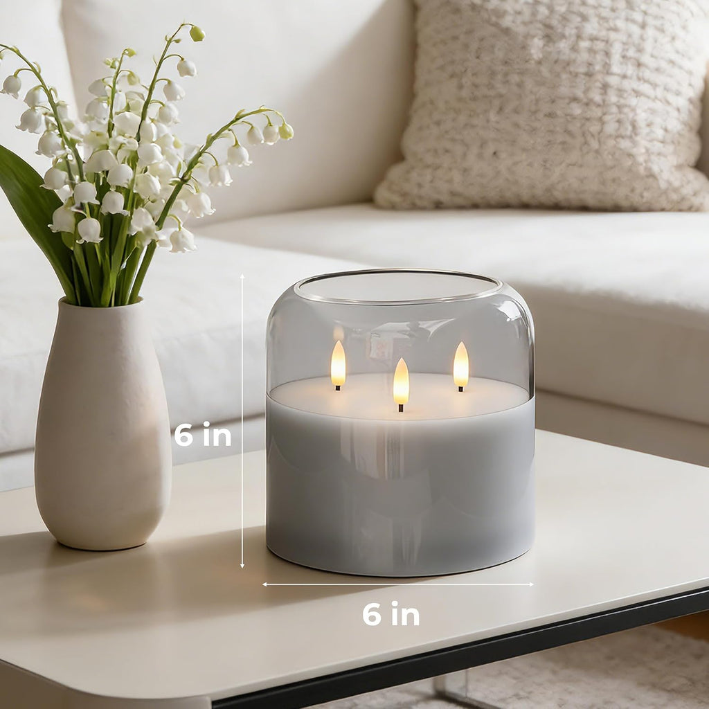 3 Wick Flameless Candle with Remote, Gray Glass, Wax, Battery Operated LED