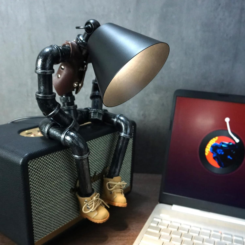 Steampunk Cowboy Robot Table Lamp, Boots & Vest Jacket Design with Metal Pipe Industrial Robot Lights, Adjustable Brightness Cool Desk Lamp,Unique Retro Decor & Creative Art Gifts for Men
