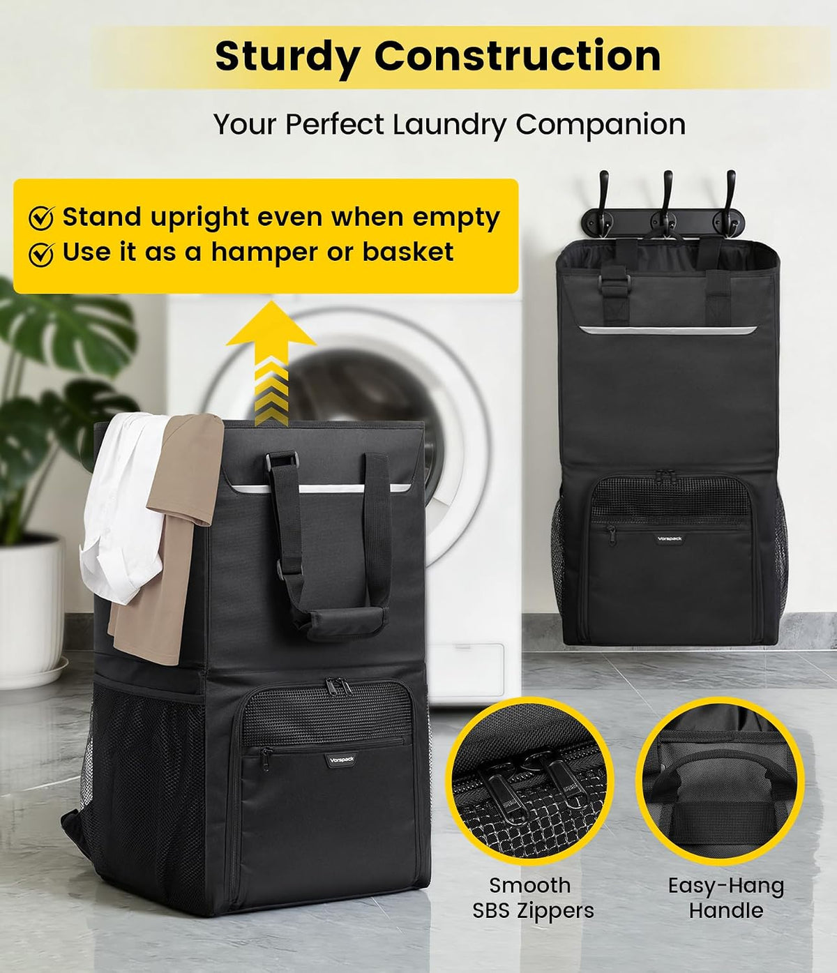 Vorspack Laundry Backpack with Shoulder Straps, Extra Large Hamper, Black