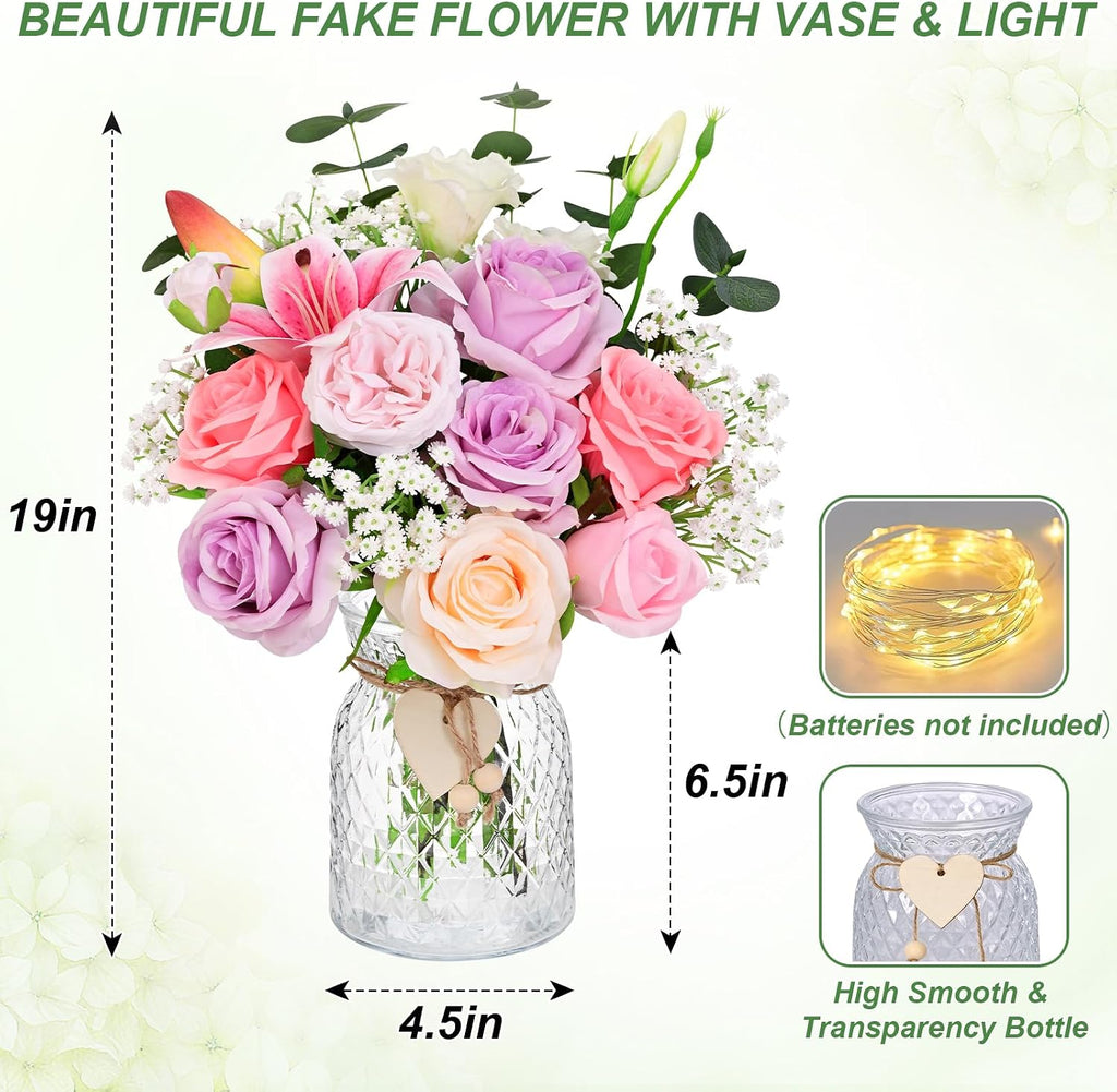 Livole 22Pcs Artificial Faux Flowers with Vase & Light Real Touch Flower