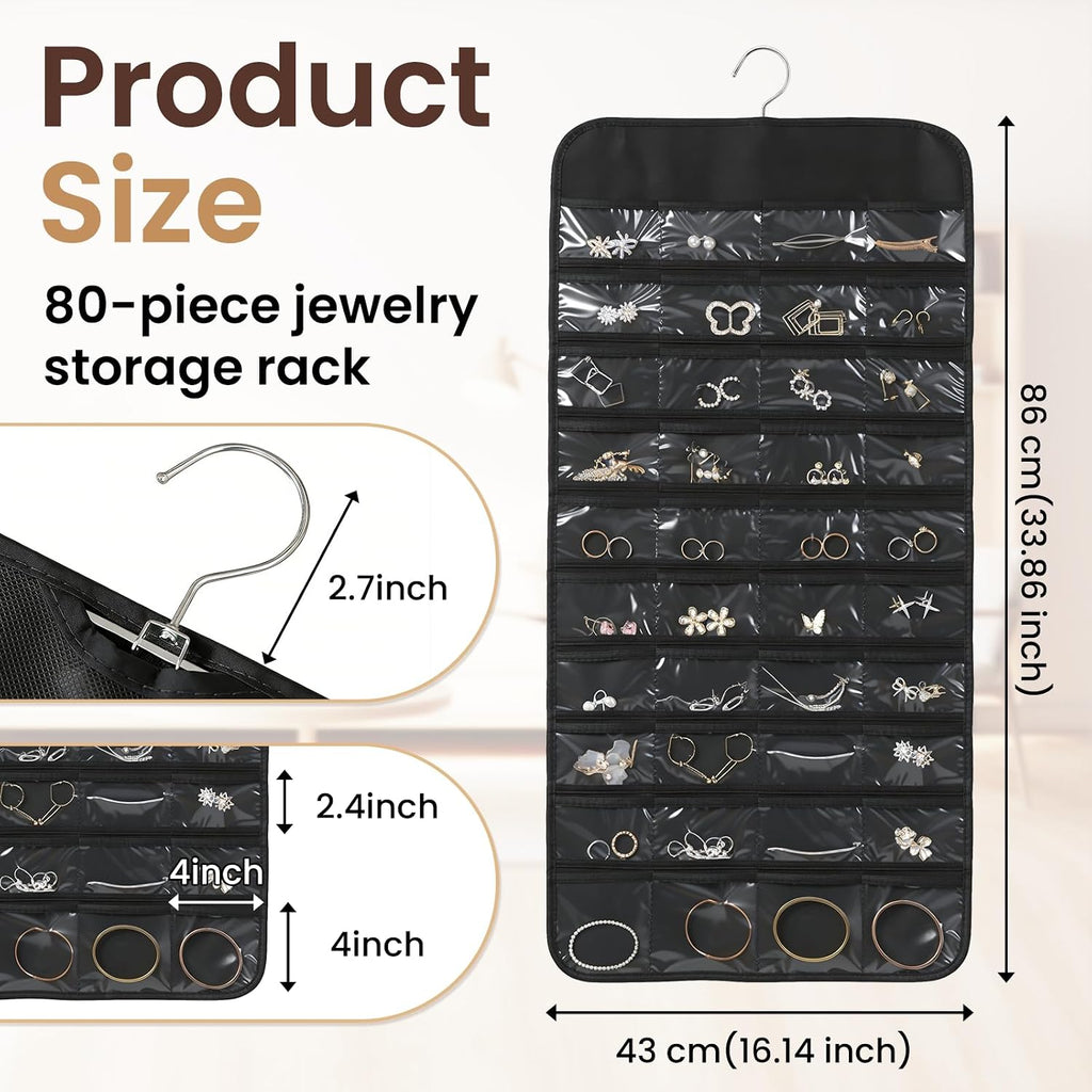 Black Hanging Jewelry Organizer, 80 Pockets Double-Sided, Wall Door Closet Storage for Earrings Necklaces Rings