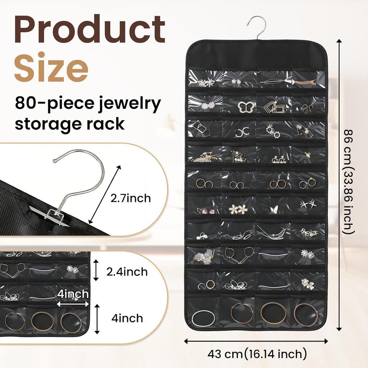 Black Hanging Jewelry Organizer, 80 Pockets Double-Sided, Wall Door Closet Storage for Earrings Necklaces Rings