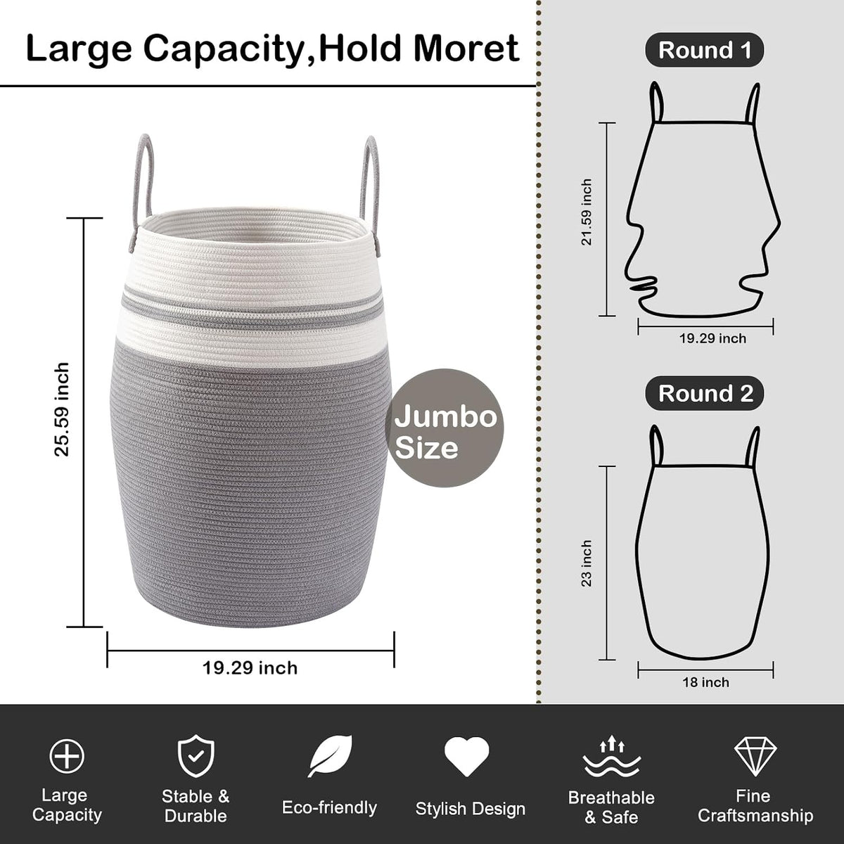 OIAHOMY 105L Laundry Hamper Cotton Rope Large Clothes Hamper White & Grey
