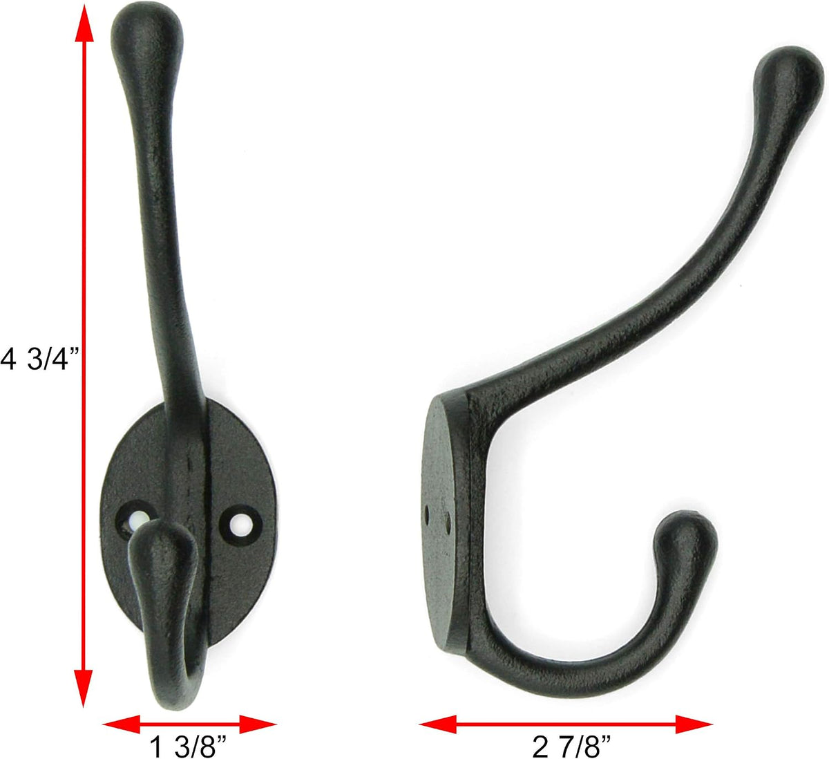 Craftsman Road Vintage Cast Iron Wall Hooks (Black Texture Finish, Set of 4) - Rustic, Farmhouse Coat Hooks | Great for Coats, Bags, Towels, Hats | Classic Slender