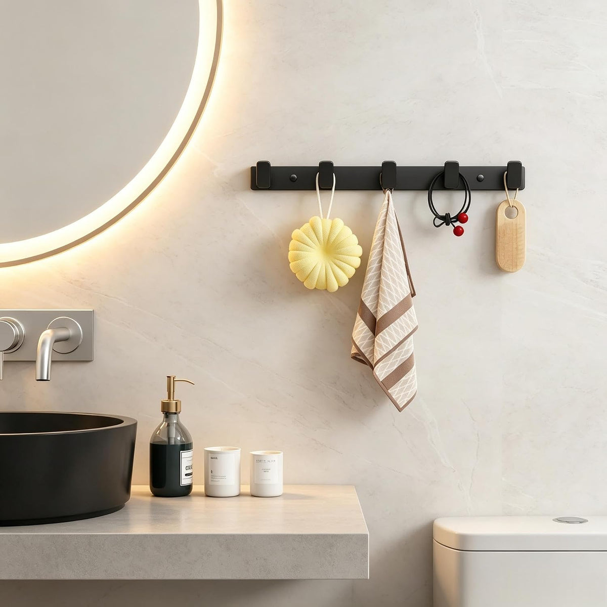 Black Wall Mount Coat Rack, 5 Wall Hooks For Hanging Key Holder Hat Hooks