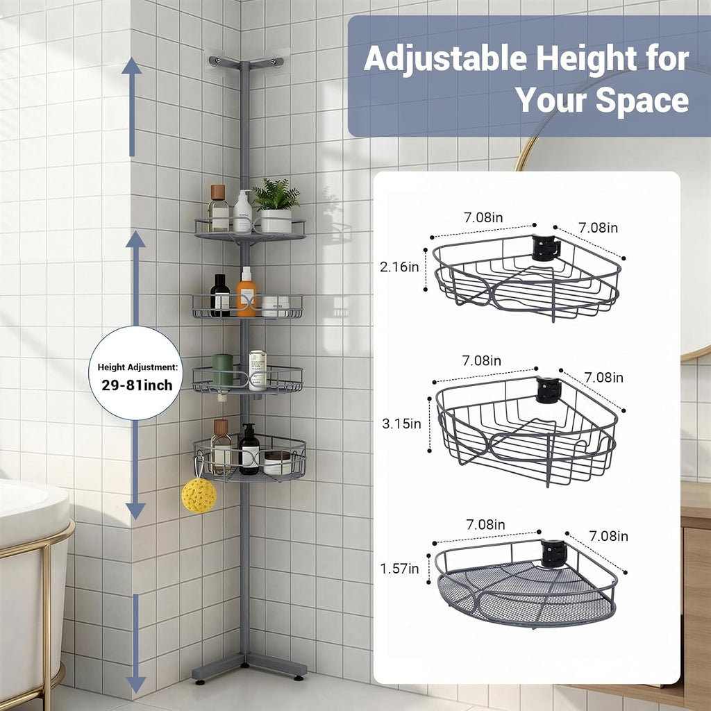 Standing Shower Caddy Corner, 4-Tier Adjustable Height Bathroom Organizer, 6-Section Pole, Sturdy Floor Standing Shelf for Shower – No Drilling, No Spring Tension (Gray)