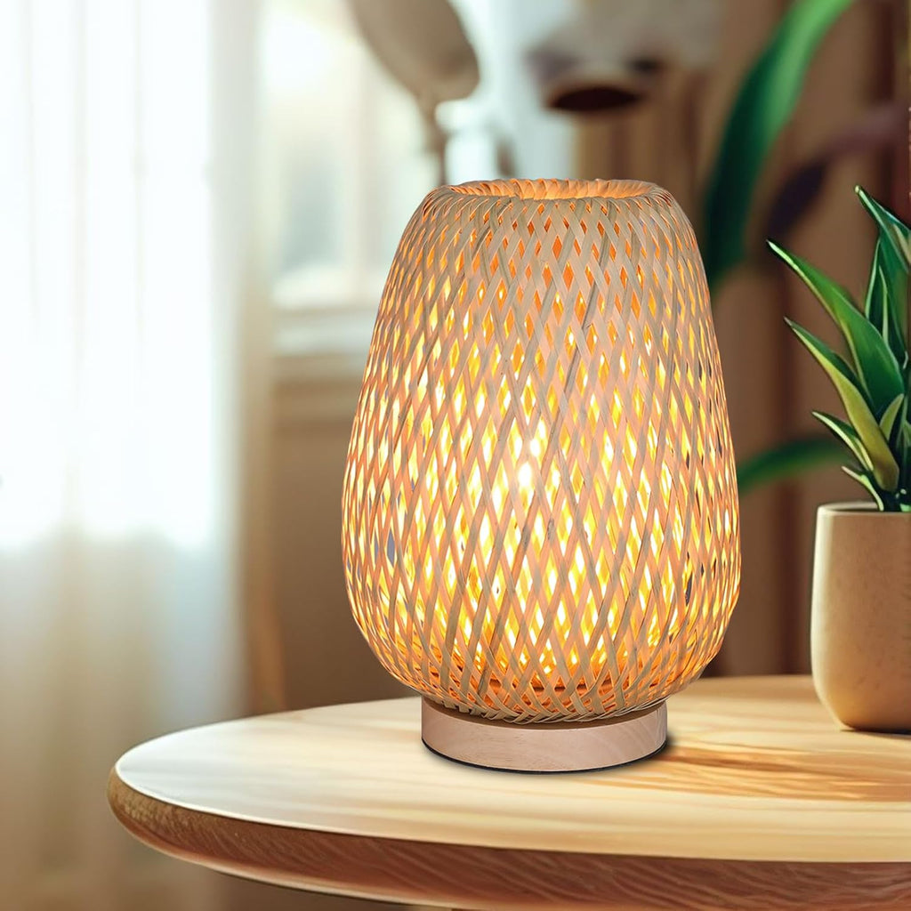 Rattan Table Lamp, Boho Bamboo Woven Small Beside Lamp, Vintage Wicker Wooden Nightstand Lights, End Table Lamp for Living Room Bedroom Desk, Kids Room