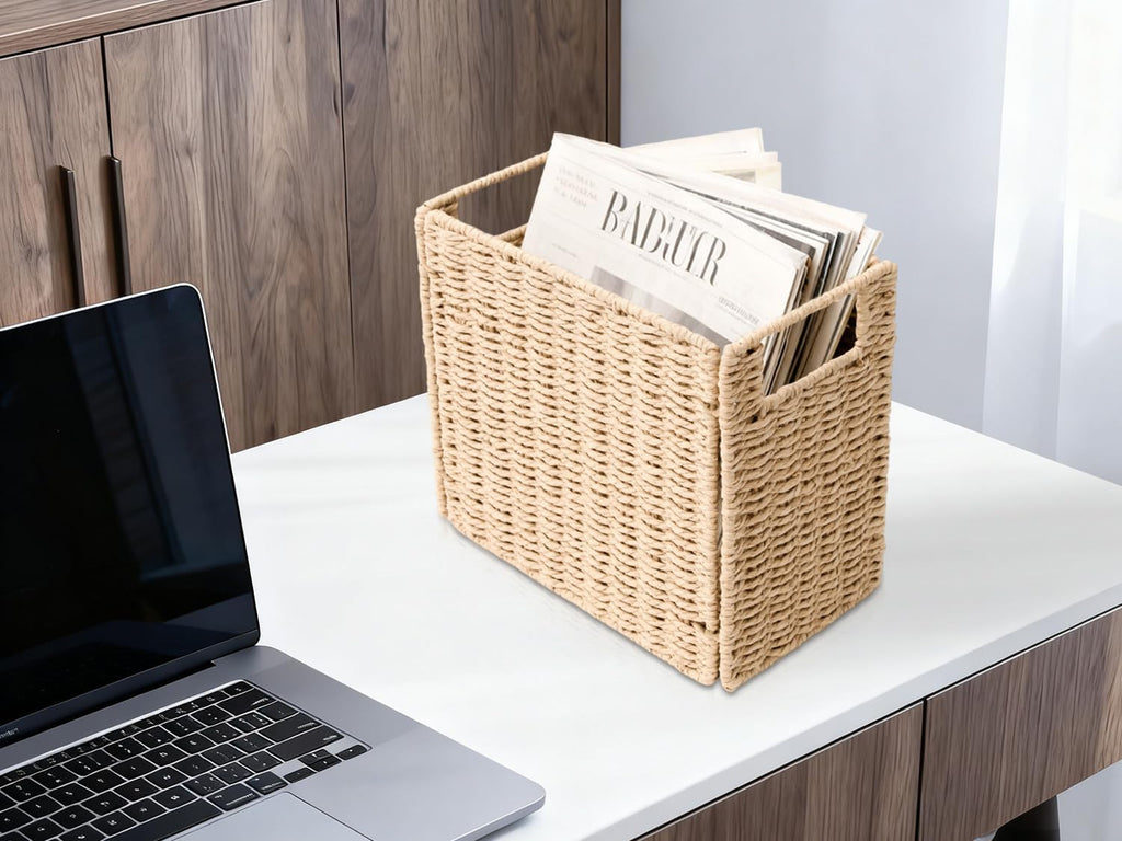 YAHUAN Foldable Woven Paper Rope Storage Basket Magazine Basket with Built-in Handles, Magazine Rack Floor, Hand-woven Book Basket Newspaper Holder for Living Room, Bedroom, Office (Paper rope)