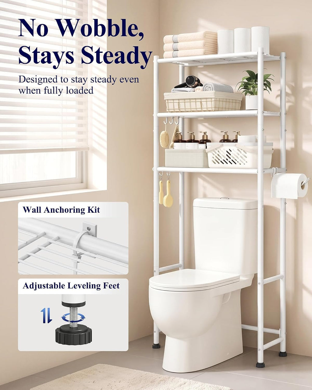 Kitsure Over Toilet Storage Rack, Sturdy Metal, 3 Tier Shelves, 61.0" H