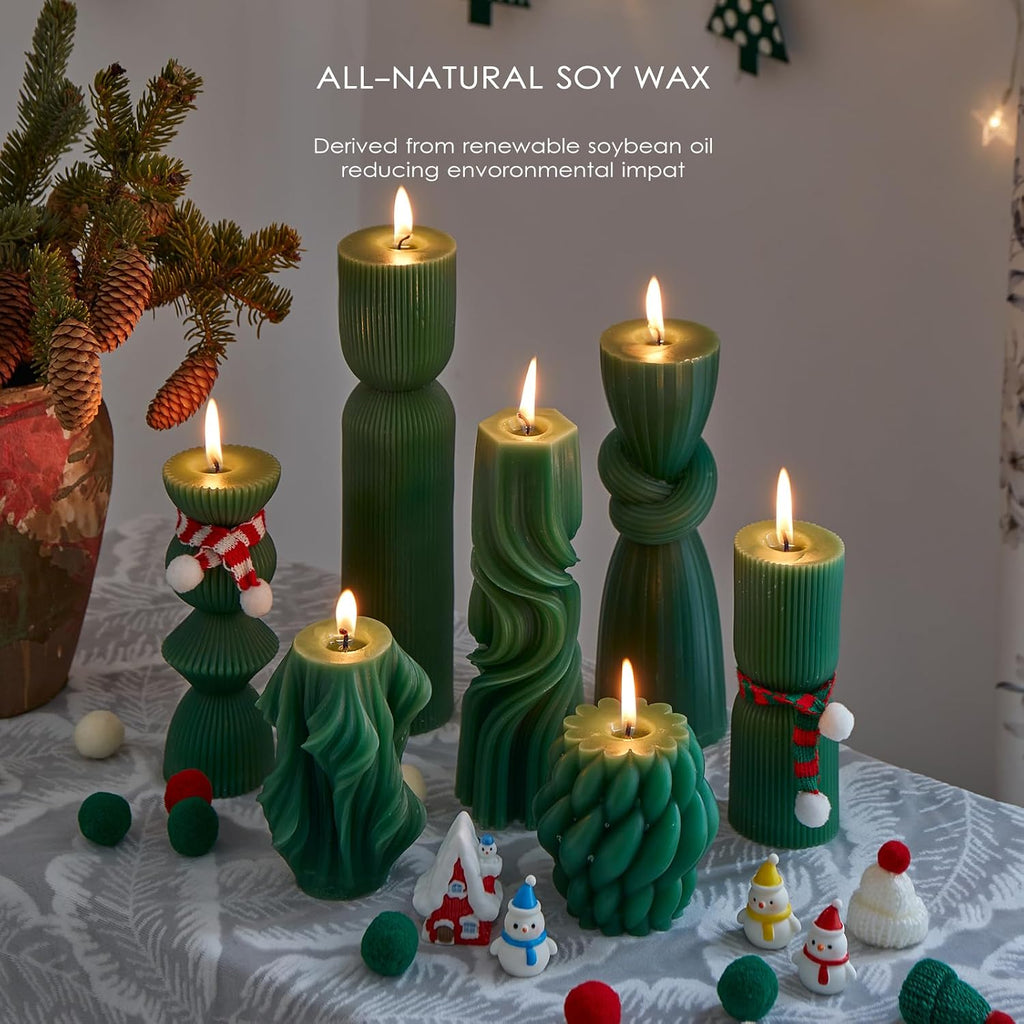 7-Pack Pillar Candles - Soy Wax Handmade Ribbed Candles for Home Decor, Housewarming Gift, Shelf & Table Decor - Aesthetic Modern Candles Set (Green)