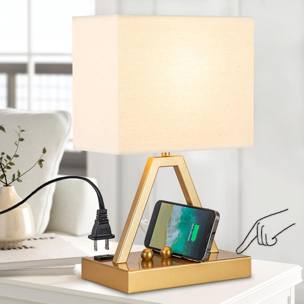 Touch Control Table Lamp with 2 USB Charging Ports & 1 AC Outlet, Dimmer