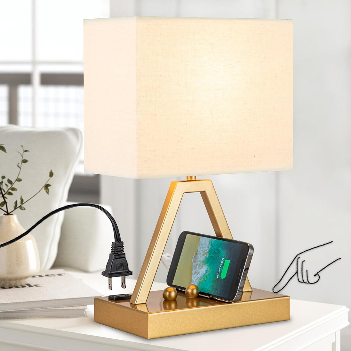 Touch Control Table Lamp with 2 USB Charging Ports & 1 AC Outlet, Dimmer