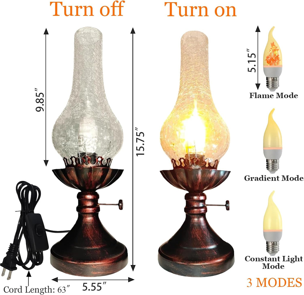 Vintage Table Lamp - 3 Modes Dimmable Retro Rustic Desk Lamp with Crackle Glass Shade, Antique Victorian Style, E26 Bulb Included, Ideal for Bedroom, Living Room, Home Decor (Transparent Glass)
