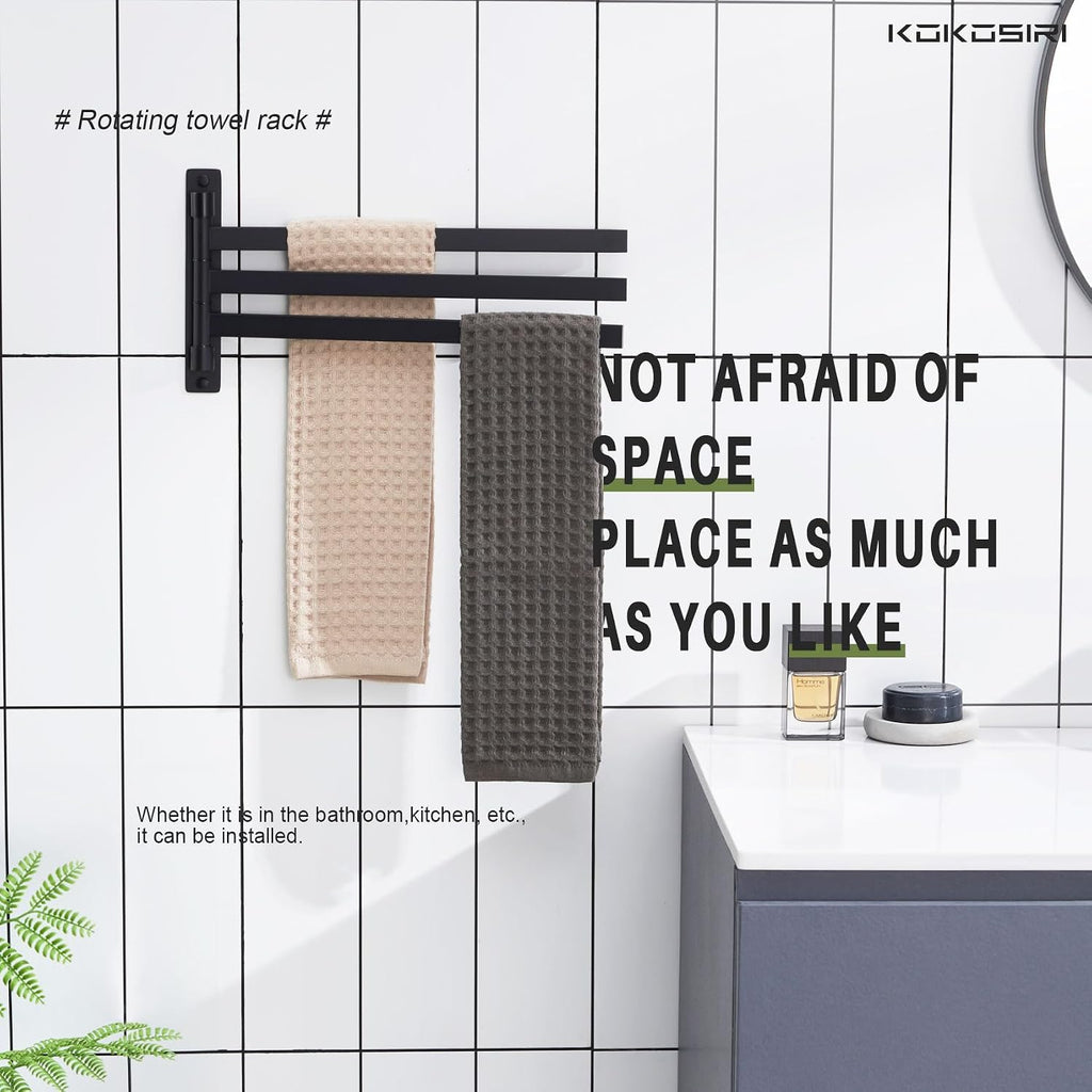 KOKOSIRI Bathroom Towel Bars Swivel Towel Rails Matte Black Swing Out Hand Towel Holder 3-Arm for Bath Kitchen Wall Stainless Steel B5007BK-A3
