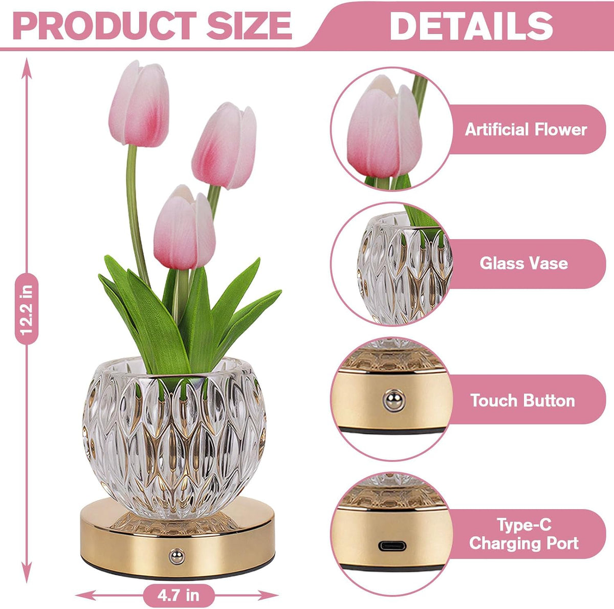 Tulip Table Lamp, 16 Color Changing Glass Night Light with Remote, Touch Dimming Artificial Flower Light, LED Colored Light Romantic Flower Decoration Gift for Girl Women Mom