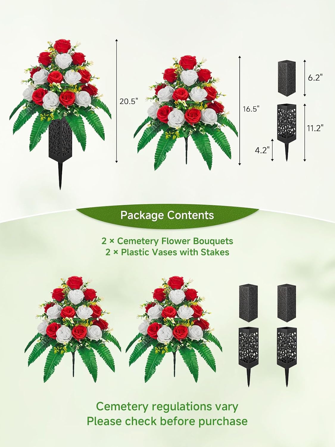Mirevielyn 18-Stem Artificial Rose Cemetery Flowers with Spiked Vases