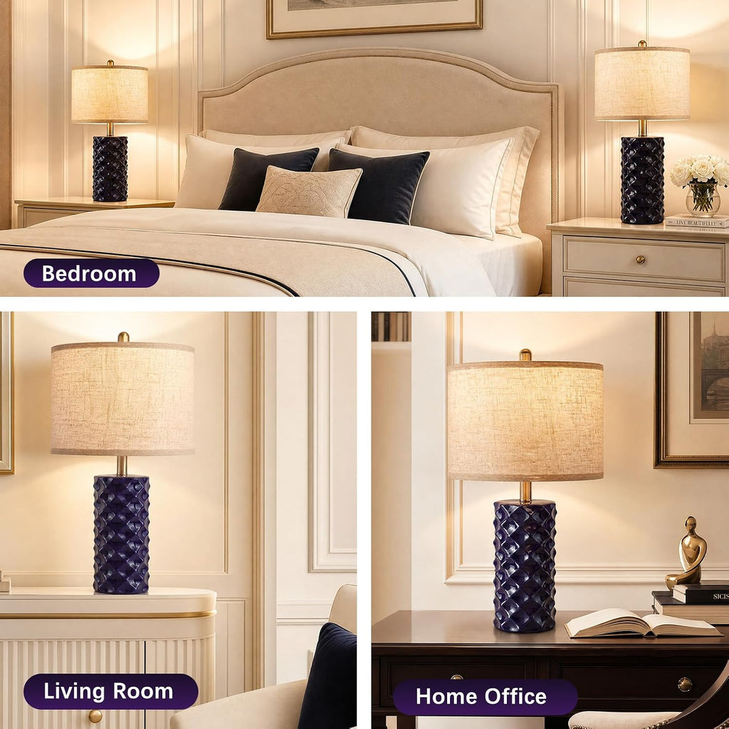Star Diamond Ceramic Table Lamps Set of 2 - Dark Blue Nightstand Lamps 23"