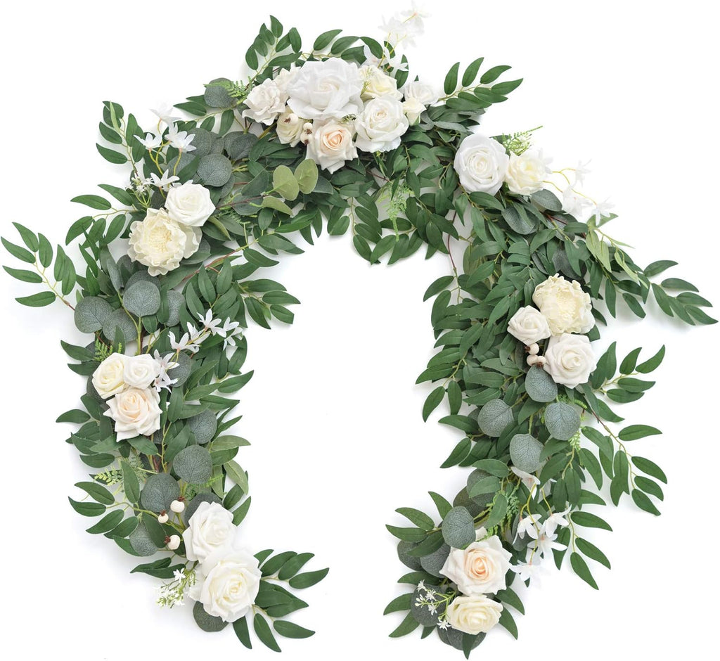 Ling's moment Ivory Eucalyptus Flower Garland White Wedding Arch 6 FT