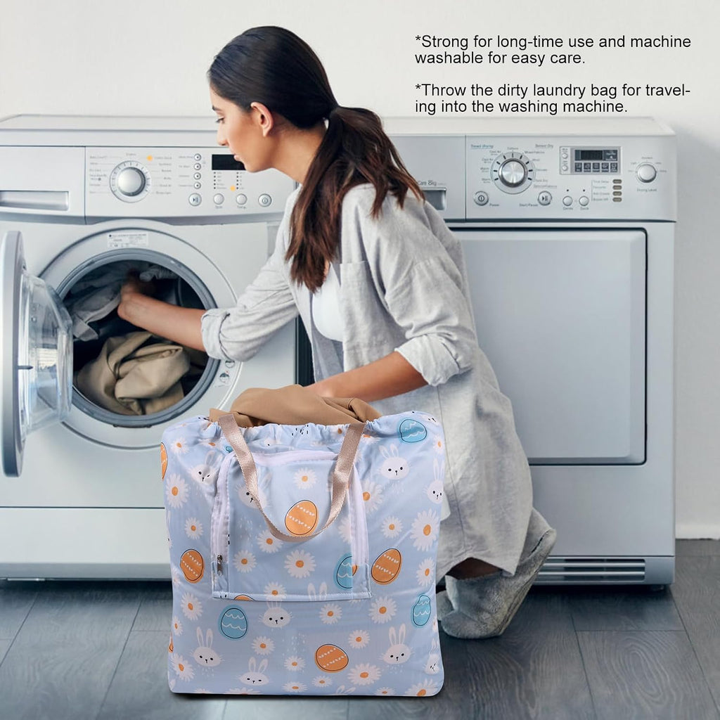 2 Pack Travel Laundry Bag with Handle and Drawstring, Expandable Foldable Dirty Clothes Bags with Hook and Zipper, 23*20 inch, Cartoon 3 White + Blue