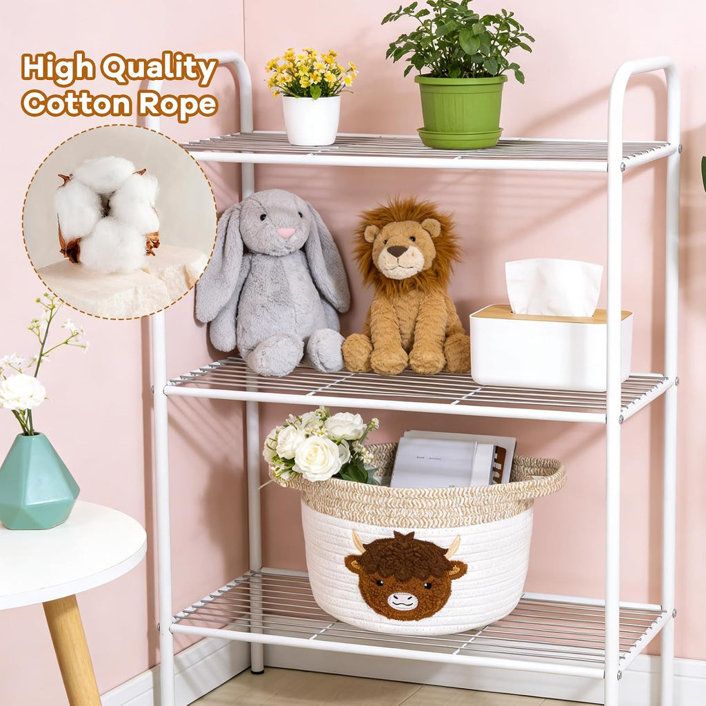 Highland Cow Gift Basket - Small Woven Cotton Rope Organizer Basket for Nursery, Pet Toys & Baby Shower, Foldable Decorative Bin with Handles (7.8x6in)