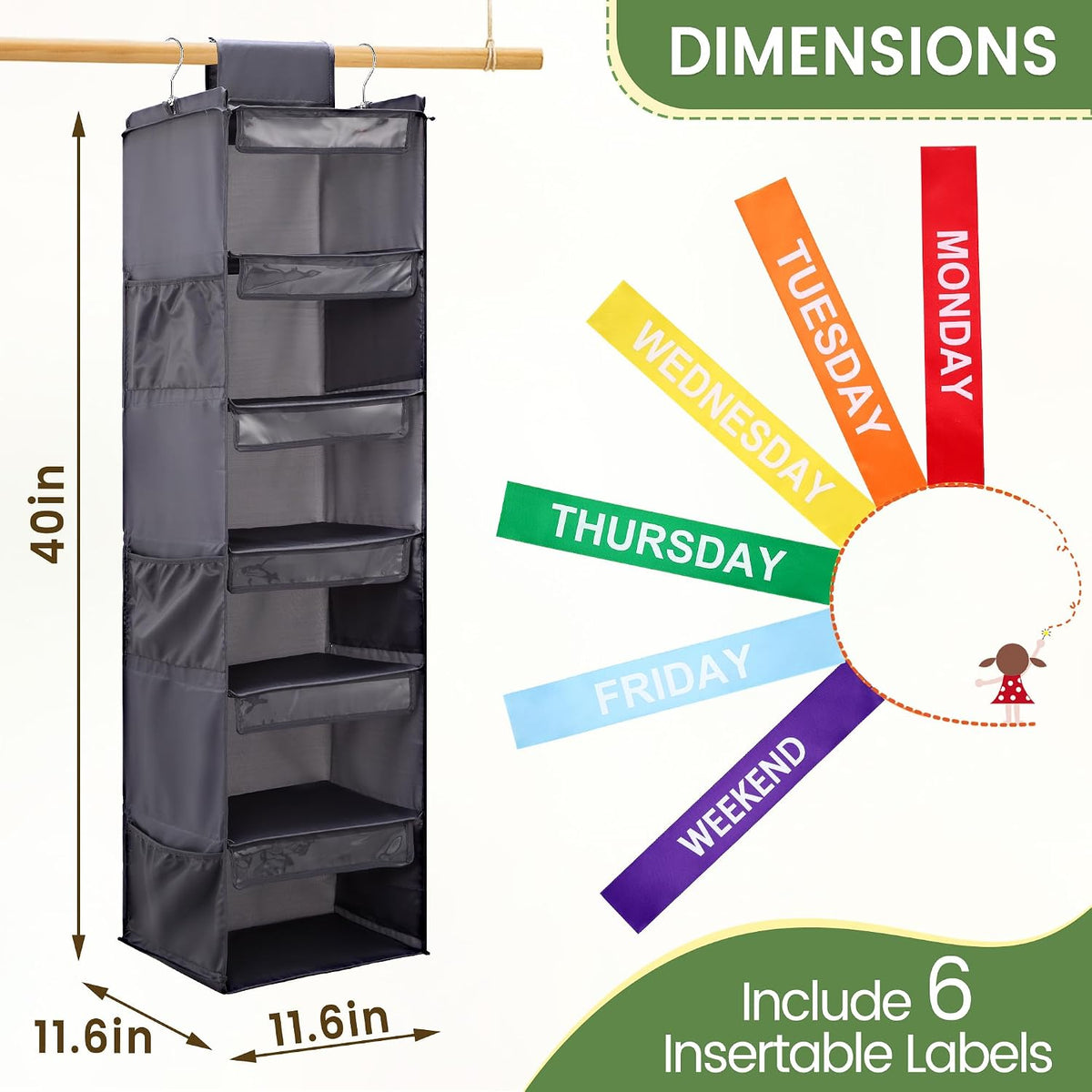 2 Pack 6-Shelf Weekly Clothes Organizer for Kids, Hanging Daily Closet Organization with 6 Side Pockets, Days of The Week Clothing Divider Storage for Boys and Girls (Grey)