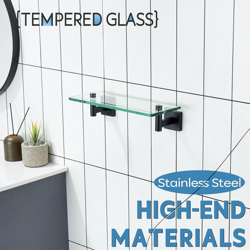 KOKOSIRI Bathroom Shelves Glass Floating Shelf 12-Inch for Bedroom Living Room Kitchen Hanging Rack Rustproof Wall Mounted Black 2 Pack B1105BK-L12-P2