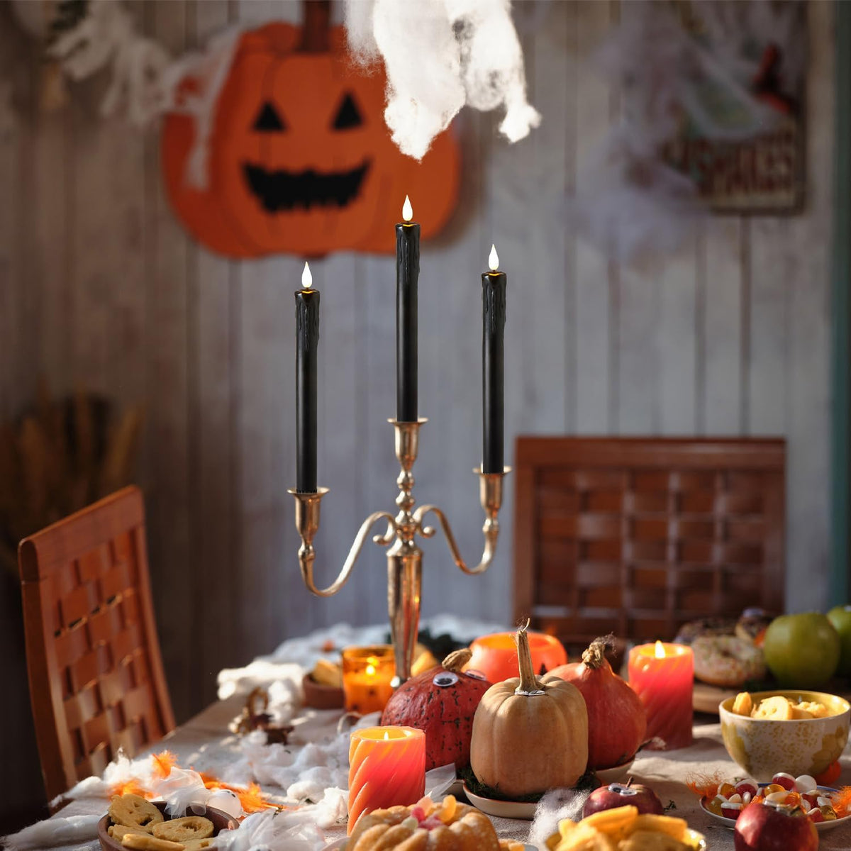 Halloween Decor, Wax Drip Black Flameless Taper Candles with Remote, 6 Pack