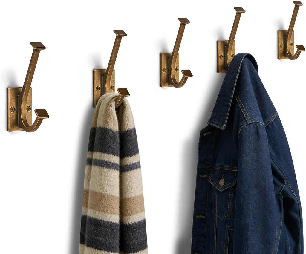 AVICCI 5 Pack Coat Hooks Antique Brass Wall Hooks for Bathroom Kitchen Towel Robe Towel Hooks Decorative Wall