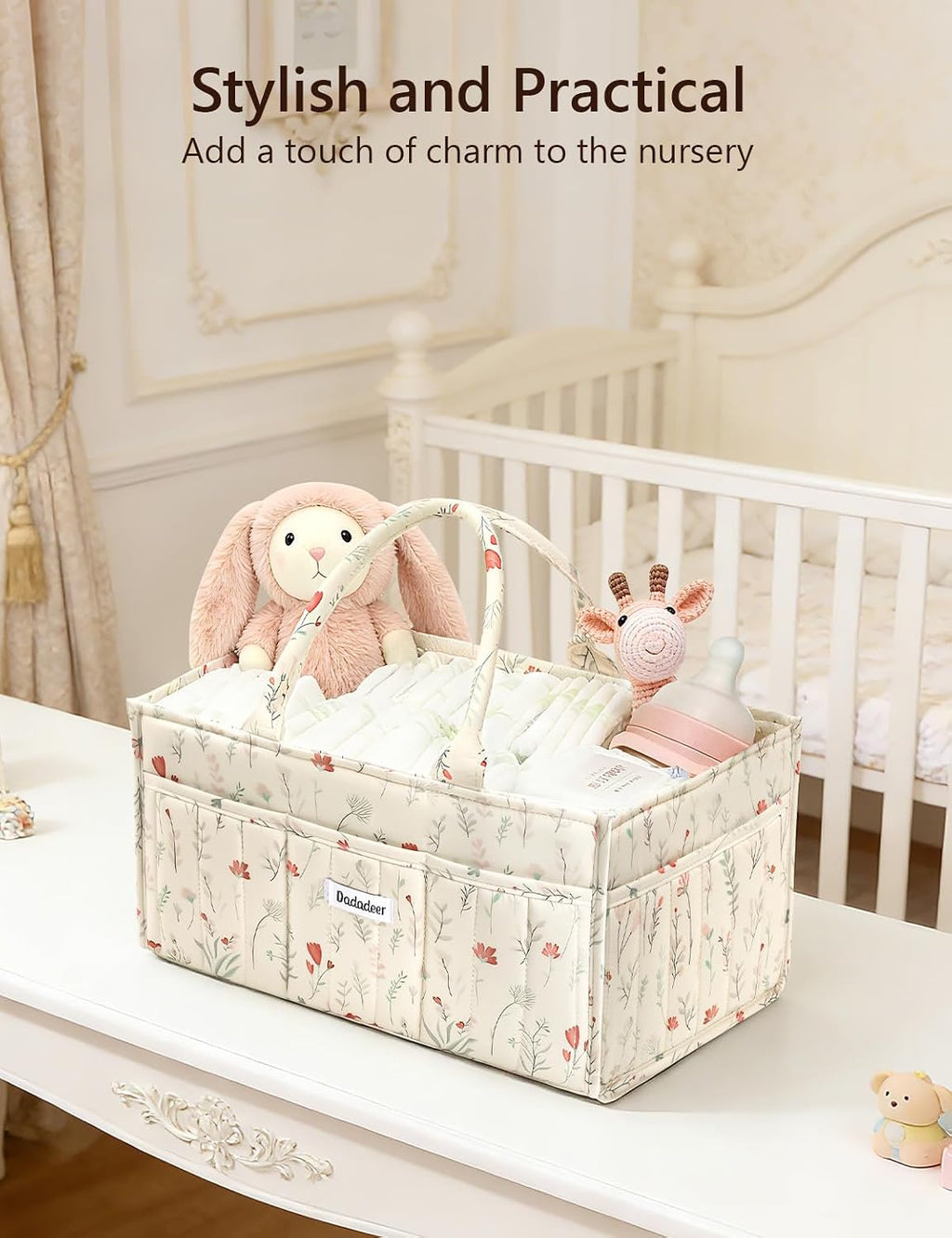 Quilted Floral Diaper Caddy Organizer, Nursery Storage Basket with Dividers