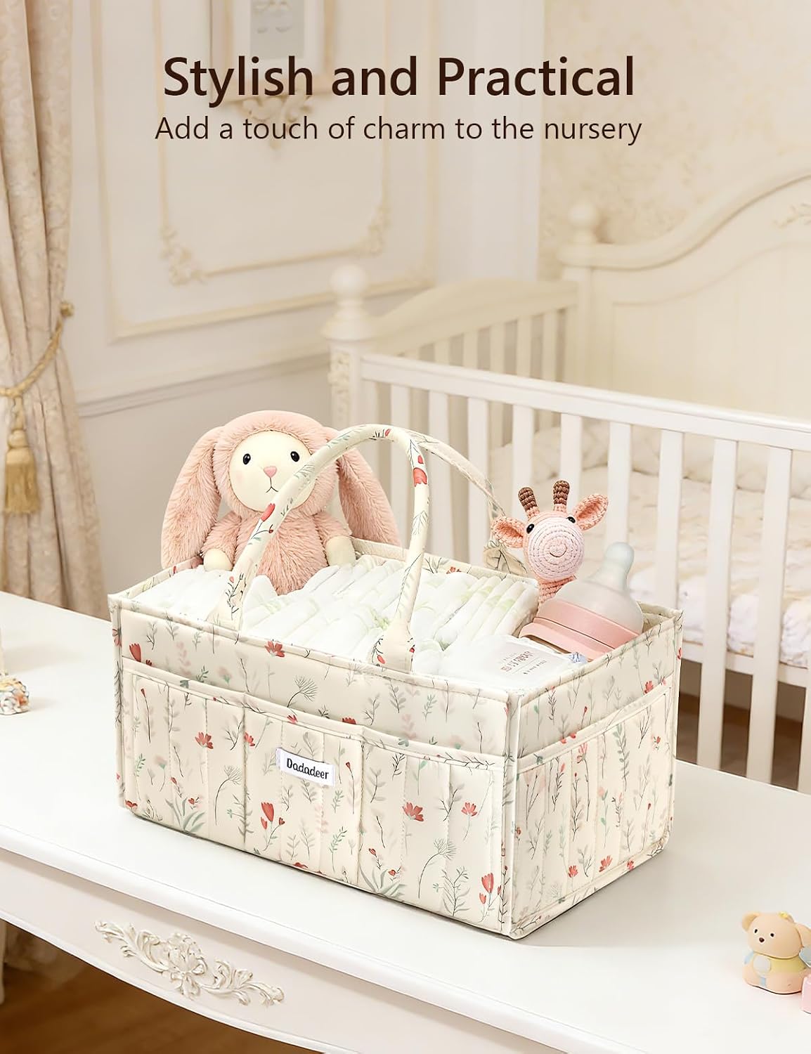 Quilted Floral Diaper Caddy Organizer, Nursery Storage Basket with Dividers
