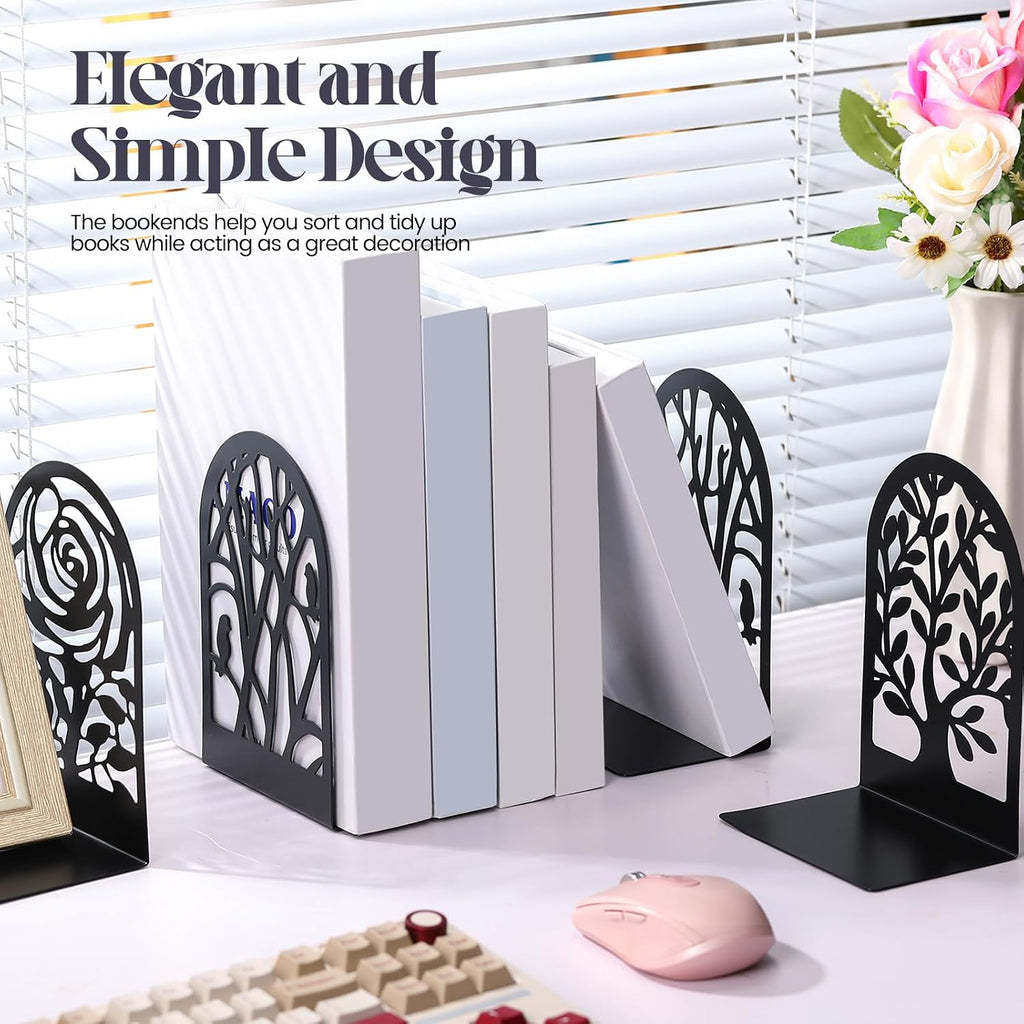 Feifeiya 6 Pairs Decorative Book Ends Metal Bookends for Shelves Black Metal Heavy Duty Book Ends Holder Supports Stoppers for Home Office School, 6.9x4.9x3.5”(Tree and Flower)