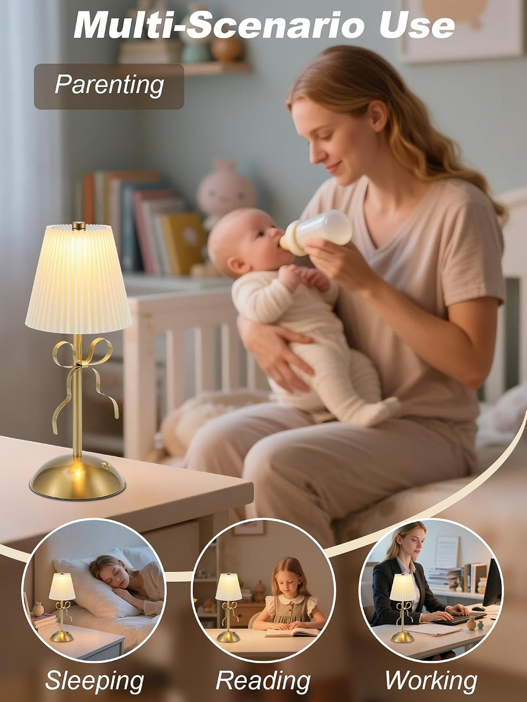 Rechargeable Small Table Lamp,Cute Desk Lamp,Gold Bow Lamp