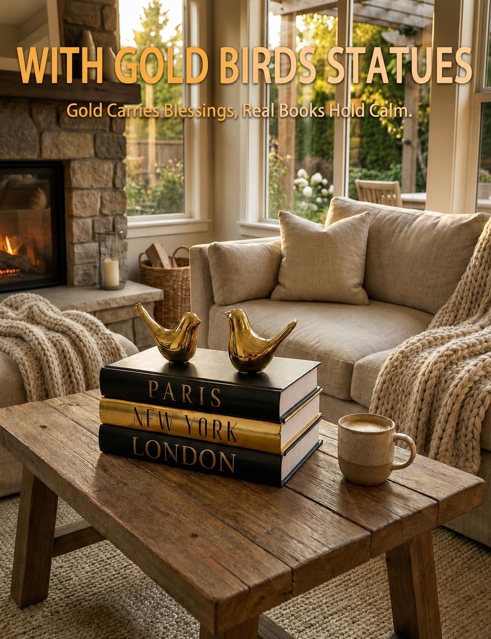 Decorative Books for Home Decor & Coffee Table Book Decor - Set of 3 Real Hardcover Decorative Books (Paris, London, New York) with Gold Ceramic Birds - Modern Shelf Decoration