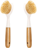 2 Pack Kitchen Dish Brush Bamboo Handle Dish Scrubber Built-in Scraper