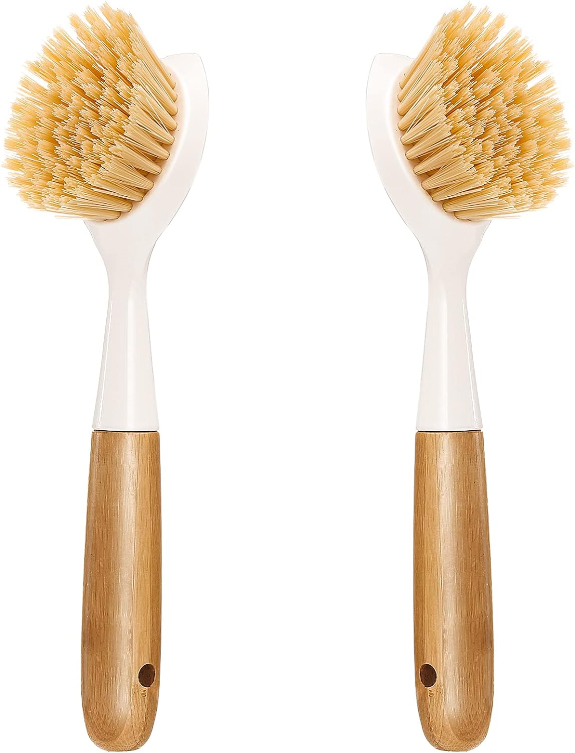 2 Pack Kitchen Dish Brush Bamboo Handle Dish Scrubber Built-in Scraper