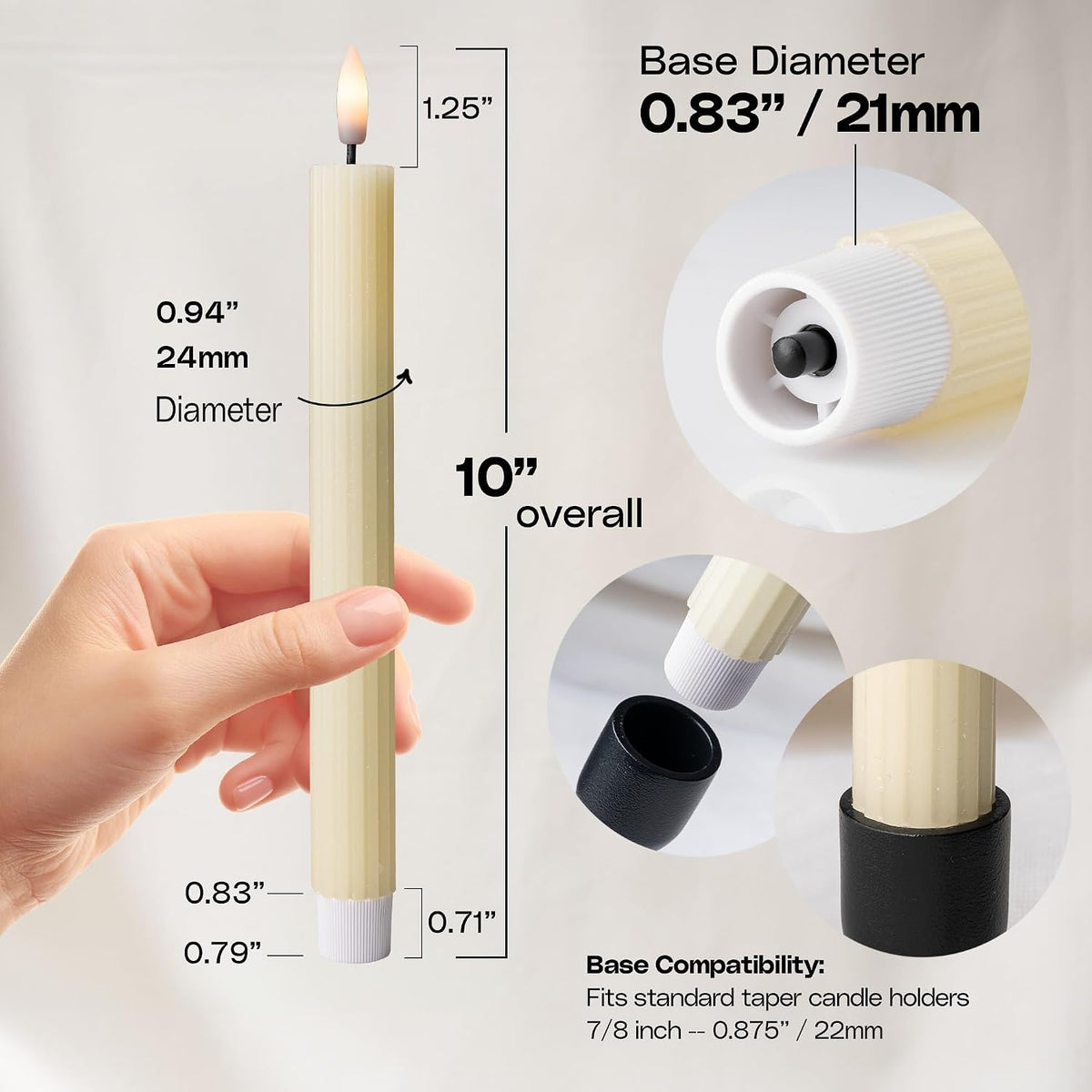 6 Pack, 10" LED Flameless Real Wax Ivory Fluted Ribbed Grooved Taper Candles, Remote & 24h Timer Memory, On/Off Button, Dimmable, Flicker Mode, Battery Operated, Wedding