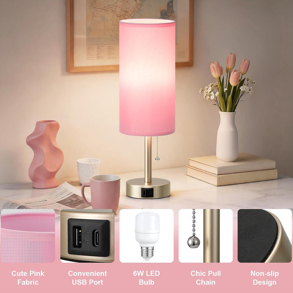 Pink Bedside Table Lamp for Bedroom - Small Nightstand Lamp for Girls