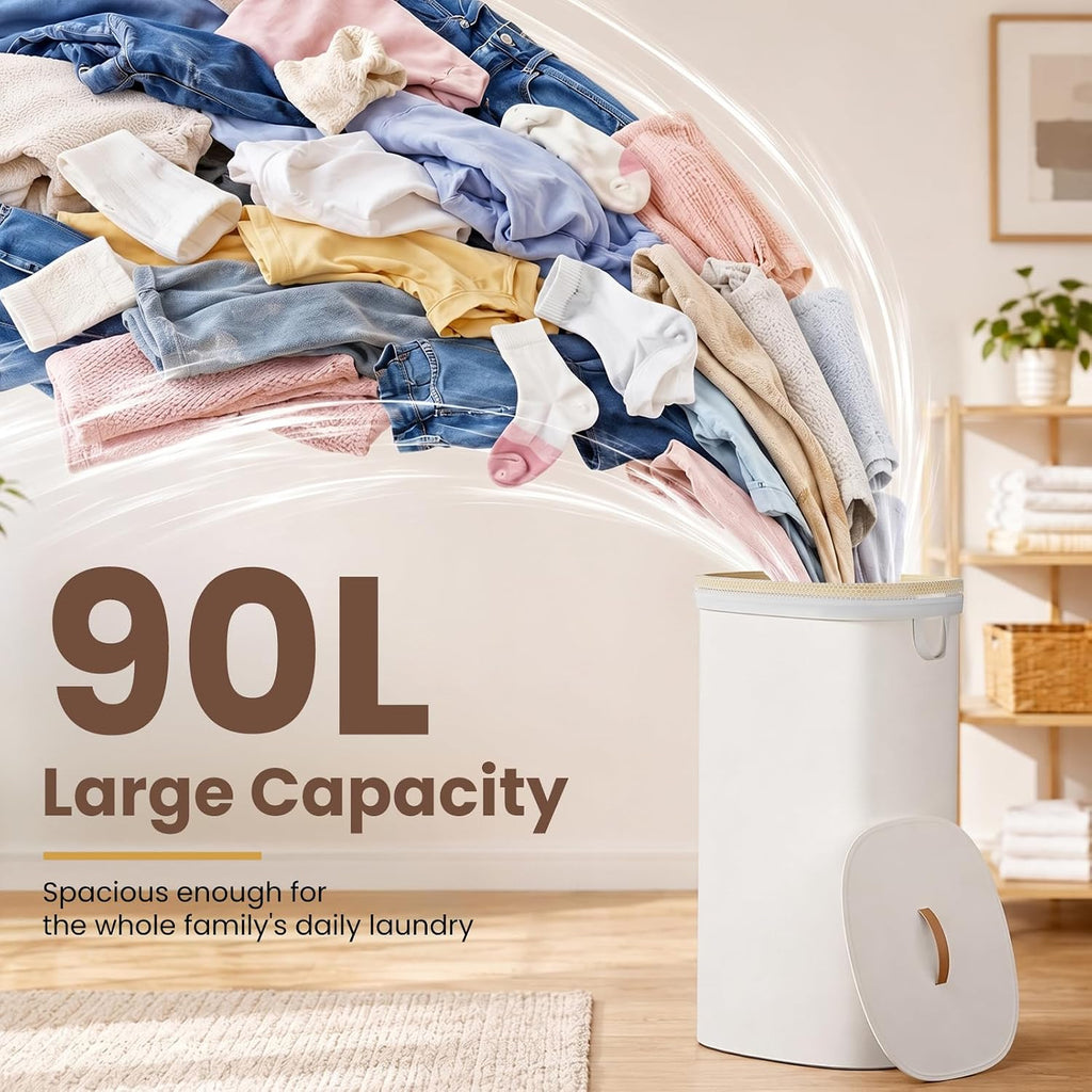 Laundry Hamper with Lid, 90L Large Tall Laundry Basket with Removable Laundry Bag, Collapsible Dirty Clothes Hamper for Bedroom, Bathroom and Laundry Room, Silver Gray
