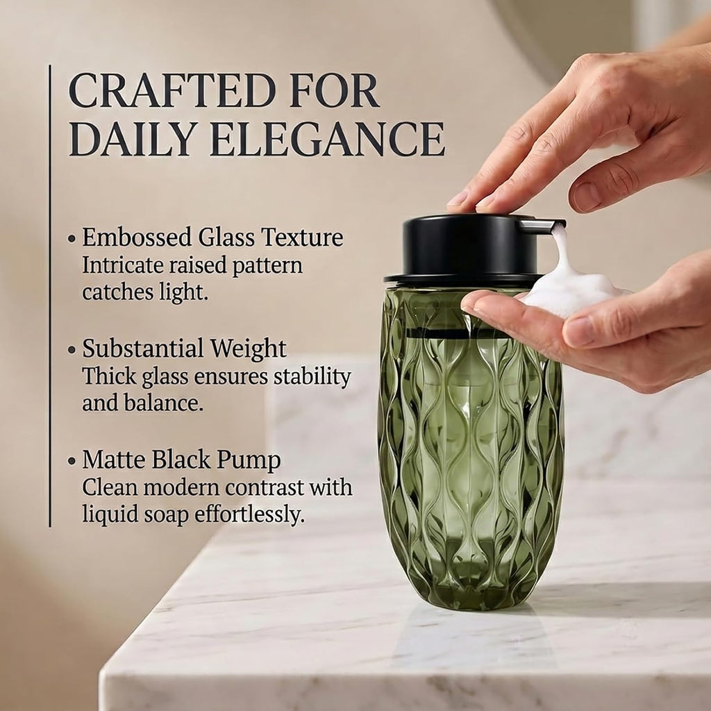Foaming Hand Soap Dispenser, Green Wavy Glass Matte Black Pump Bath