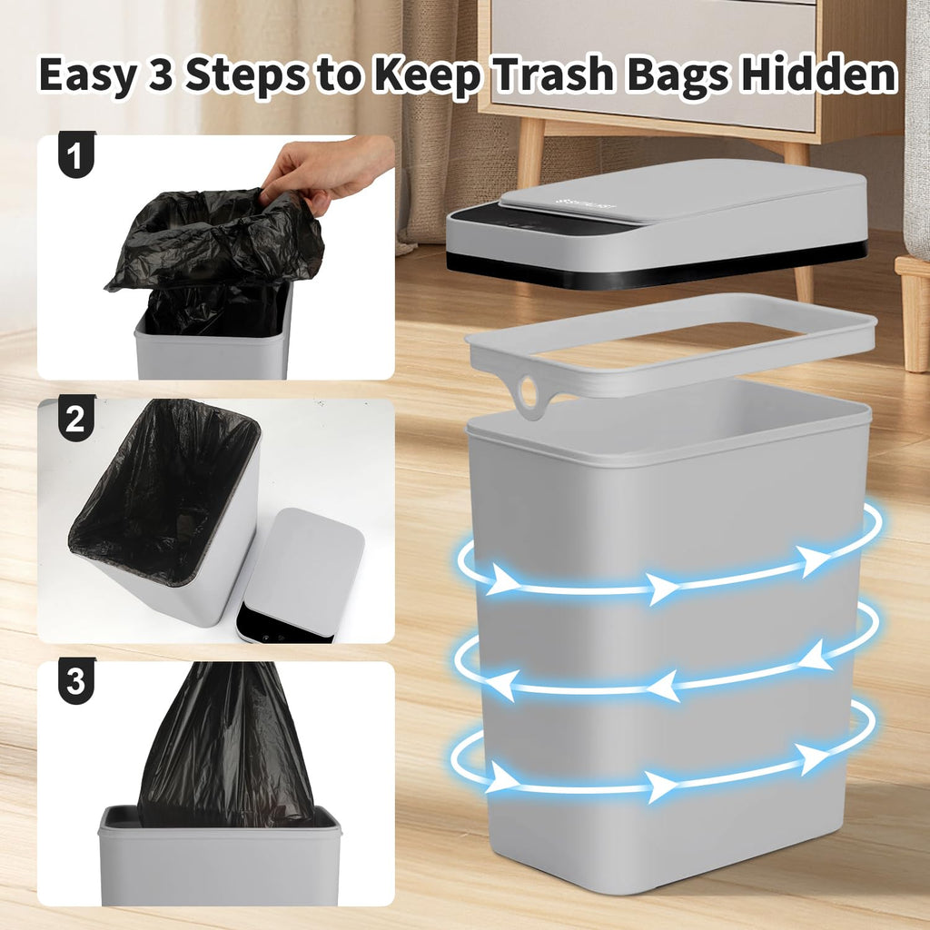 3 Pack Bathroom Trash Can with Lid, 2.5 Gallon Small Slim Trashcan, Automatic Trash Can Touchless, Motion Sensor Waterproof Plastic Trash Bin for Bedroom Kitchen Office Living Room (Black+Gray+White)