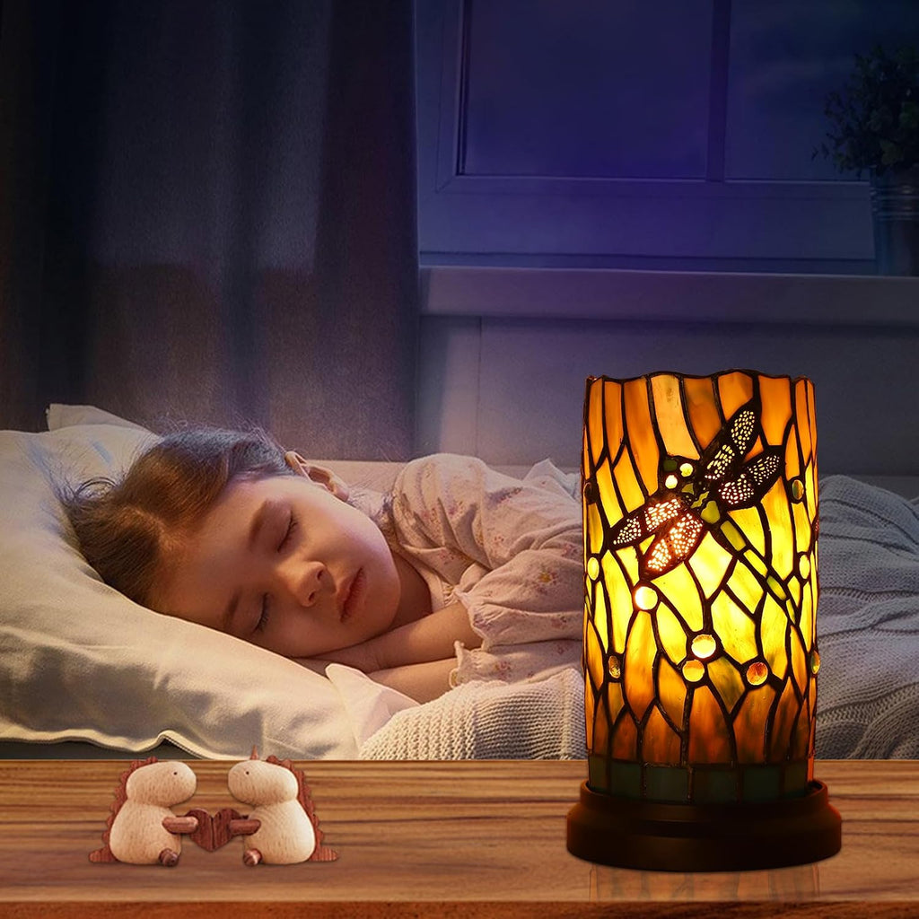 Tiffany Style Table Lamp for Bedroom Baroque Stained Glass Nightstand Bedside Night Lamp Party Light Hand-Made Art Home Deco Christmas Gifts W/ 2 LED Bulbs (3 Color Temperatures+Flame Bulb)