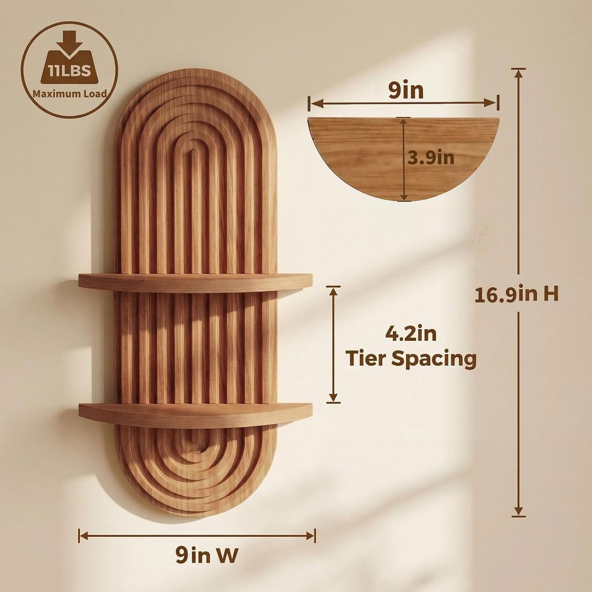 Boho Wall Decor Brown Plant Wall Shelf, 16.9in Walnut Floating Shelves for Wall, 2 Tier Mid Century Modern Decor Hanging Plant Shelf for Home, Bedroom Living Room Office Decoration