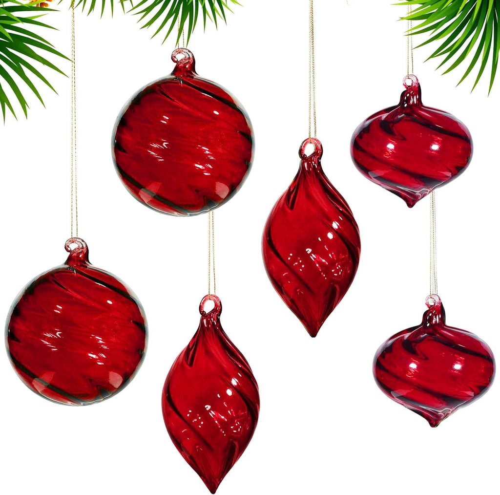 6 PCS Glass Christmas Ball Ornaments, Hand Blown Ornaments Hanging Balls,Glass Xmas Tree Home Wedding Birthday Party Holiday Decorative Set (Red)