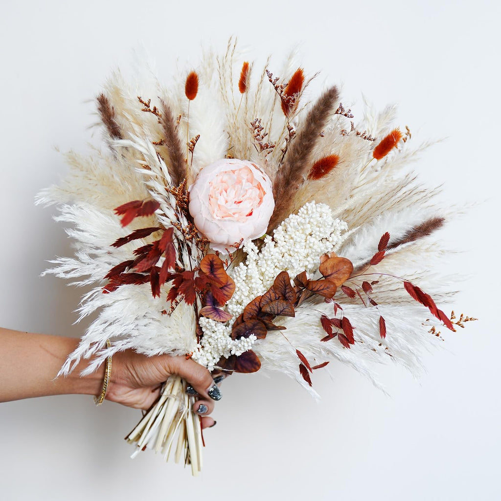 Dried Pampas Grass Bouquet with Faux Peony, Fall Flowers Decor